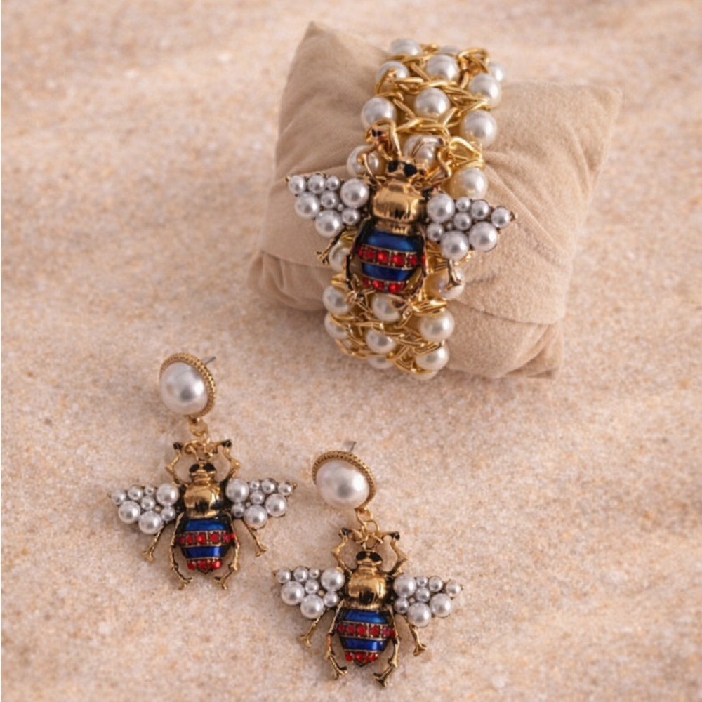 Vintage Honeybee Elegant Gold Pearl Adjustable Elastic Bee Bracelet Earrings